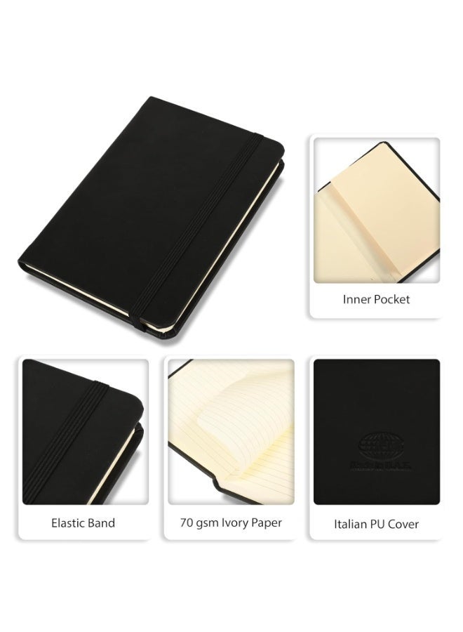 FIS® Executive Notebook, Italian PU Materials, A6 Size(105x148mm,) Round Corners, 96 Sheets, Single Ruled, 70gsm Italian Ivory Paper with Elastic Band Closure, 1 Piece, Black Color-FSNBEXA696BK - Image 3